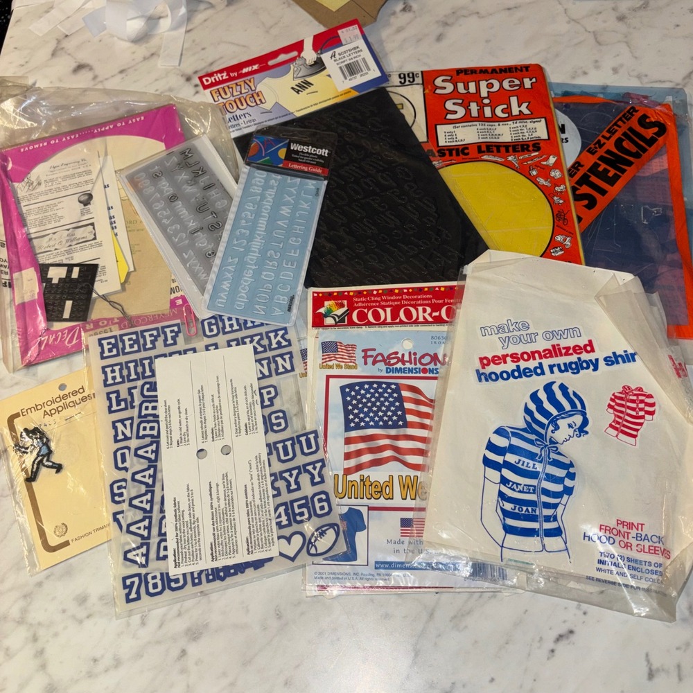 Vintage Craft Lot Dritz Fuzzy Touch Letters Westcott Helix Stencils Iron-Ons